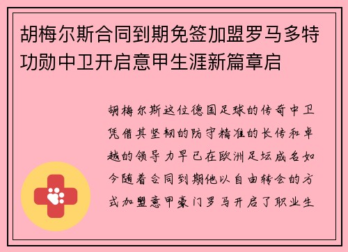 胡梅尔斯合同到期免签加盟罗马多特功勋中卫开启意甲生涯新篇章启 胡梅尔斯合同到期免签加盟罗马多特功勋中卫开启意甲生涯新篇章启